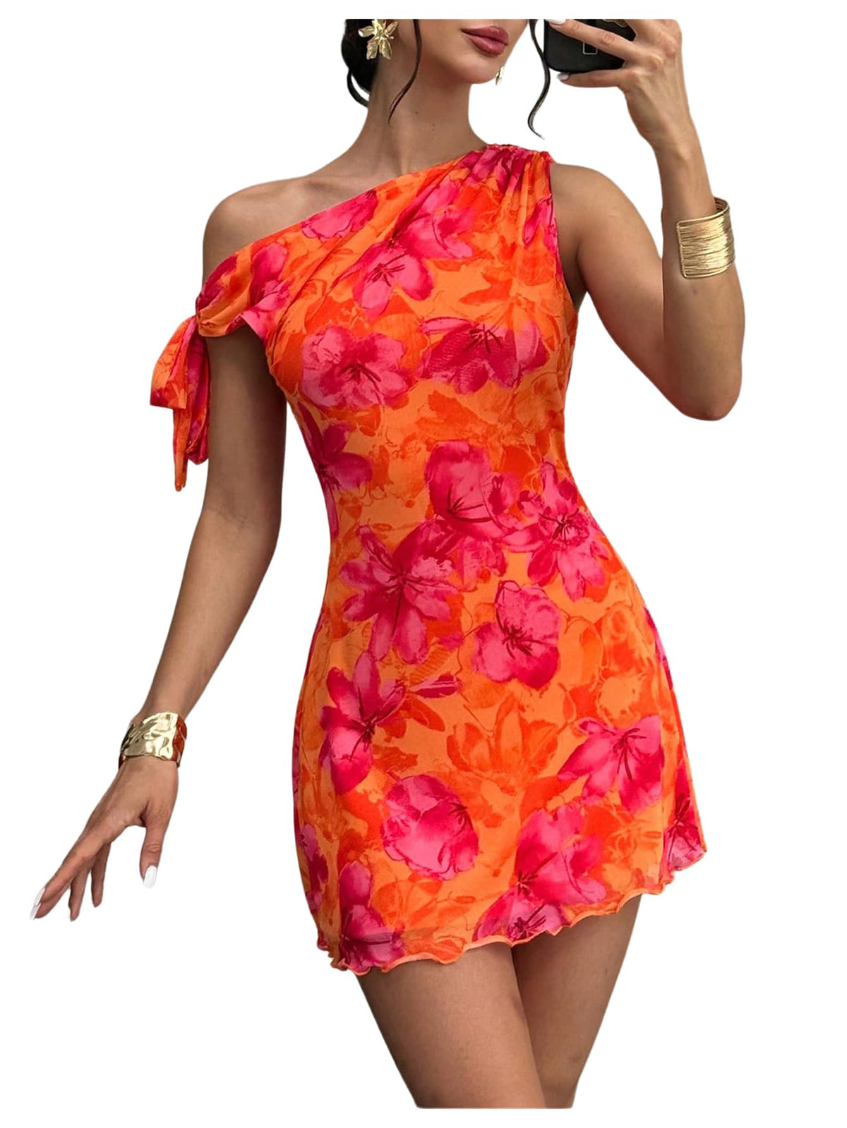 GORGLITTER Women's One Shoulder Wedding Guest Cocktail Mini Dresses | Orange Vacation Beach Sunset Dress, Floral Short Dress, Brunch Outfits, Asymmetrical Dresses
