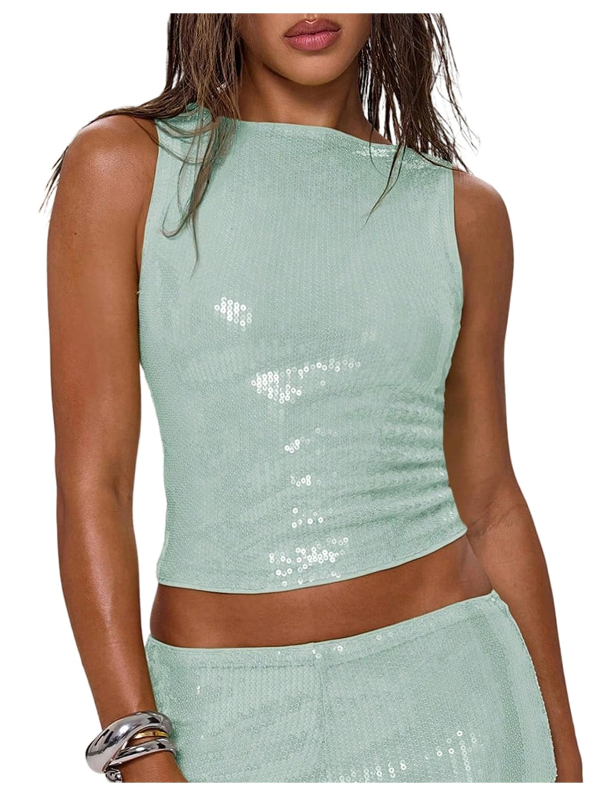 MakeMeChic Women's Sparkly Sequin Tank Tops Going Out Rave Tops | Crop, Y2k, Sleeveless, Music Festival, Clubbing, Country Concert Outfits