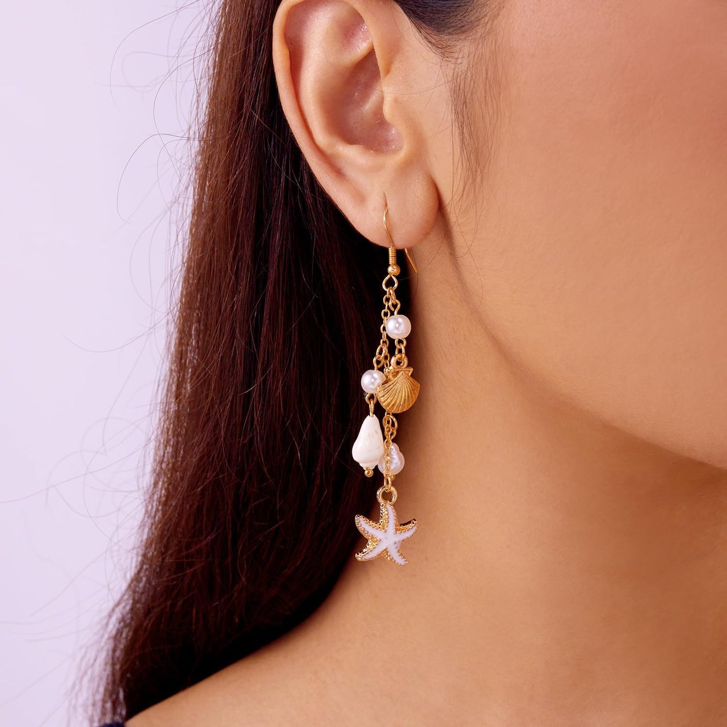 Gold Starfish Shell Dangle Drop Earrings, Beach Jewelry for Women, Summer Boho Beachy Vacation Accessories
