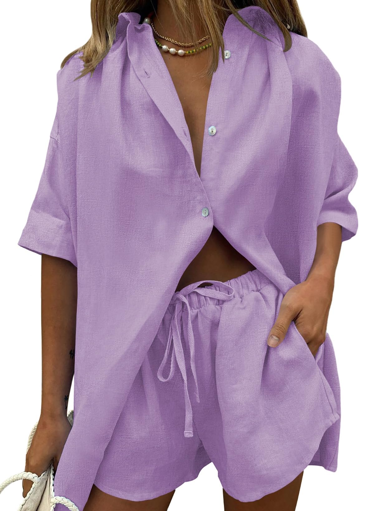 Fixmatti Women 2 Piece Outfits Long Sleeve Button Down Blouse and Shorts Sweatsuit Sets