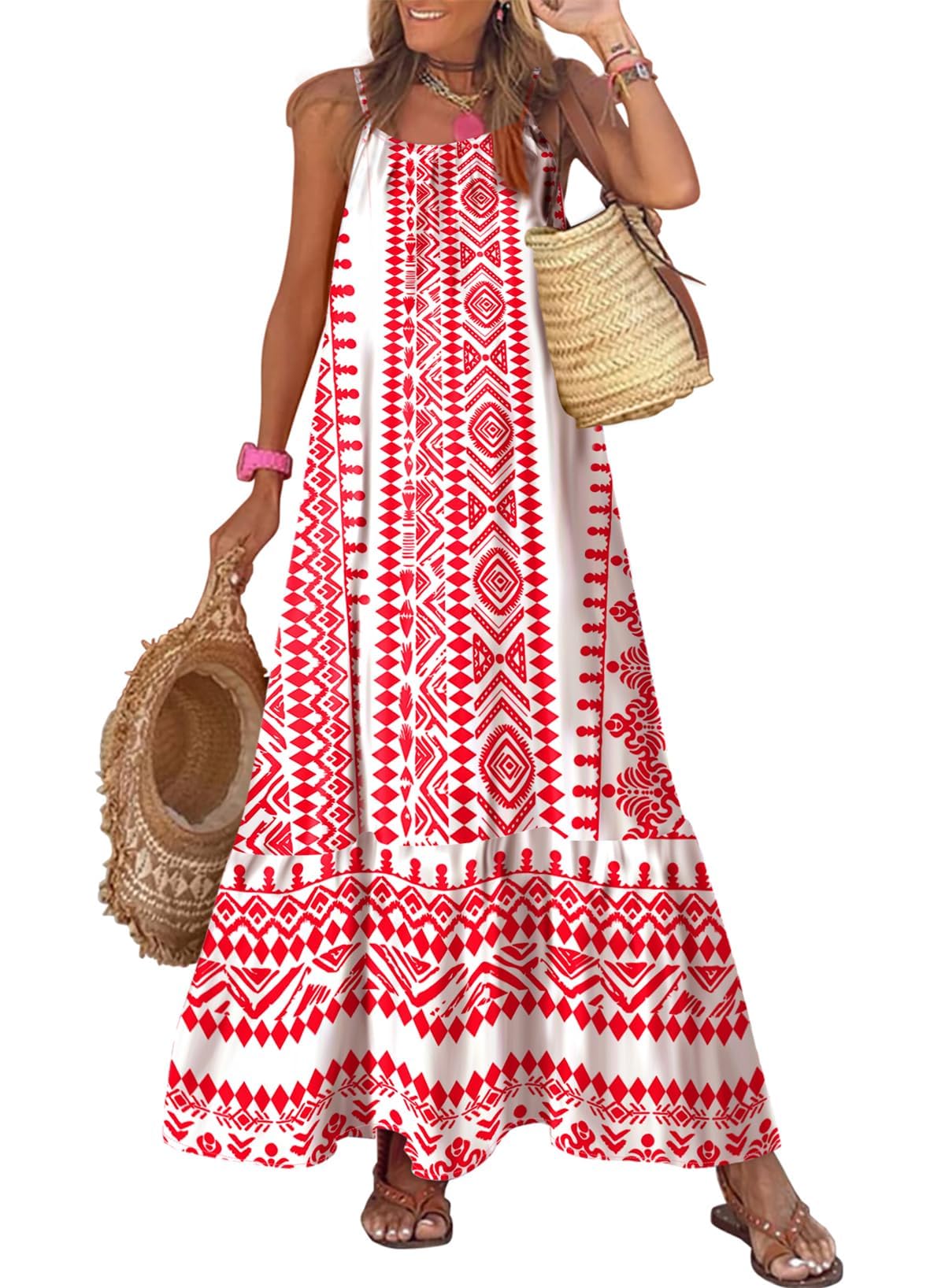 Dokotoo Women Summer Dresses Scoop Neck Ruffle Flowy Boho Maxi Dress | Spaghetti Strap Sundresses,Sleeveless,Beach Vacation Clothes,Ruffle A Line,Casual Boho Printed,Hawaiian Dresses,Wedding Guest