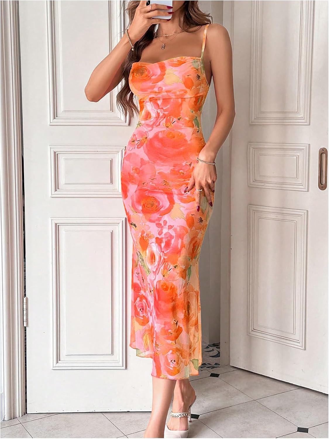 GORGLITTER Women's Floral Wedding Guest Bridal Shower Cocktail Midi Dress | Wedding Dresses for Bride, Bridesmaid, Orange Dress Women, Vacation Sunset Beach Outfits Woman