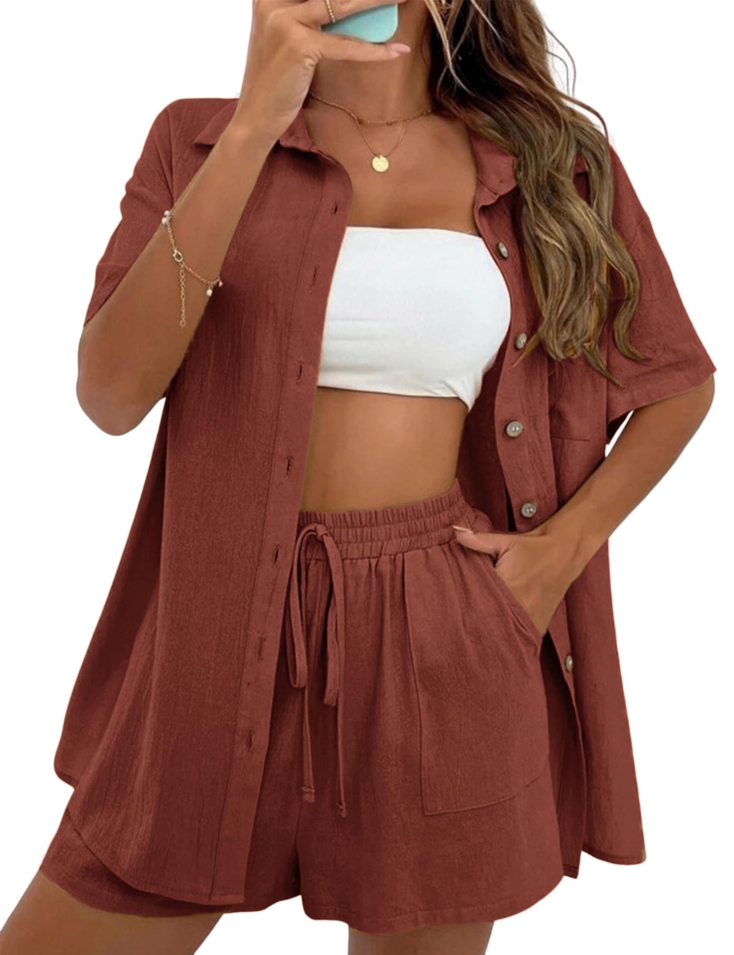 APAFES Women Summer Cotton Linen Short Sets 2 Piece Shorts Top Lounge Beach Vacation Two Piece Outfits Tracksuits