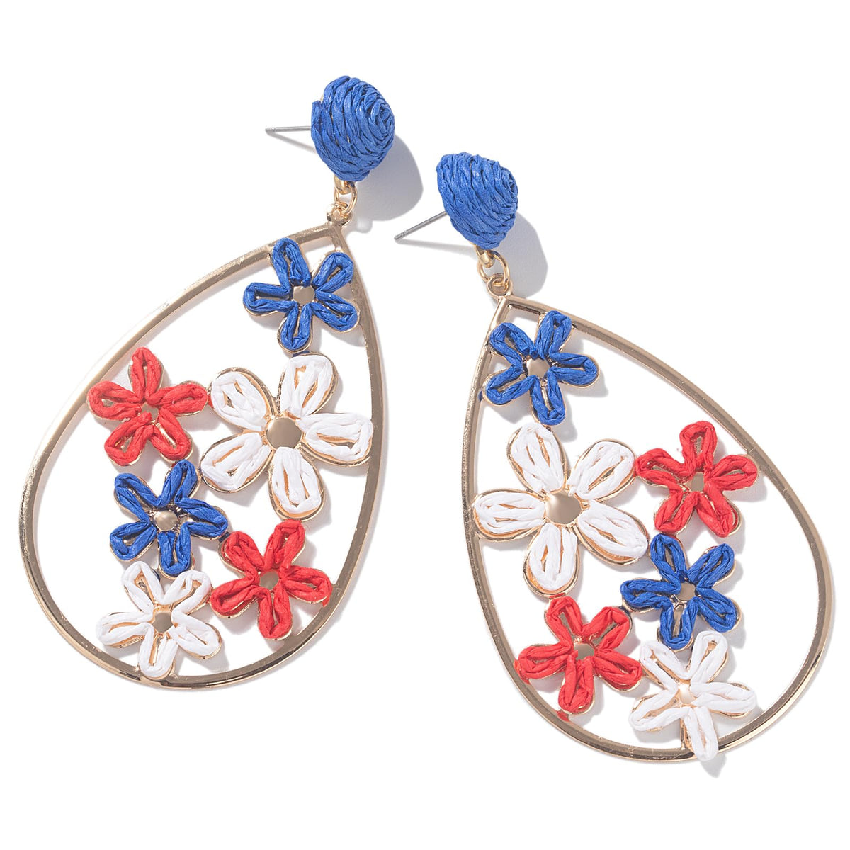 Boho Raffia Flower Teardrop Earrings Cute Colorful Dangle Trendy Jewelry | Floral Drop Statement Big Dangling Earring Hypoallergenic Gold Fun Unique Summer Spring Beach Vacation Outfits for Women