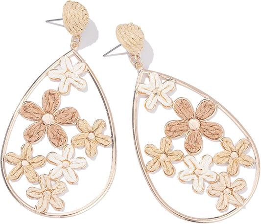 Boho Raffia Flower Teardrop Earrings Cute Colorful Dangle Trendy Jewelry | Floral Drop Statement Big Dangling Earring Hypoallergenic Gold Fun Unique Summer Spring Beach Vacation Outfits for Women