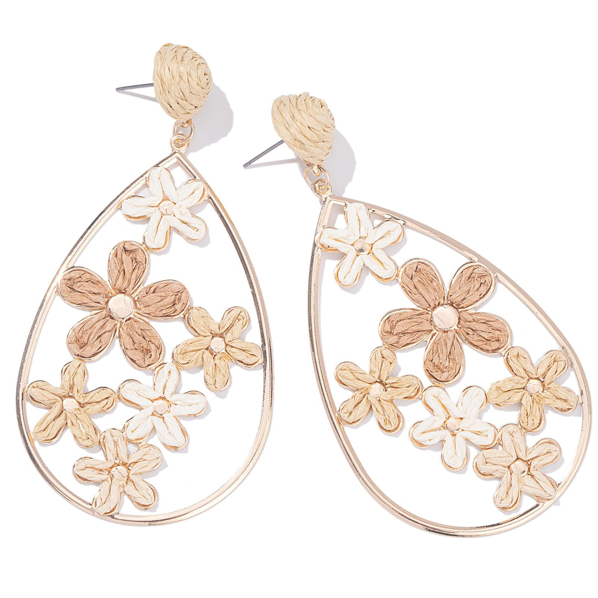 Boho Raffia Flower Teardrop Earrings Cute Colorful Dangle Trendy Jewelry | Floral Drop Statement Big Dangling Earring Hypoallergenic Gold Fun Unique Summer Spring Beach Vacation Outfits for Women