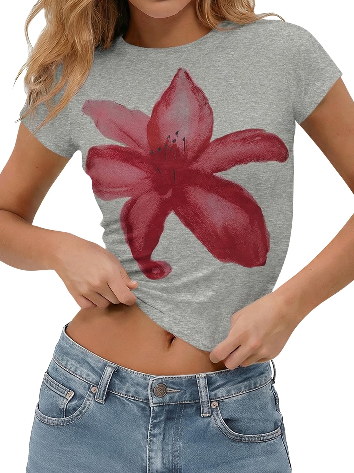 Tankaneo Womens Baby Tee Y2K Tops Summer Short Sleeve Graphic T Shirts | Floral Print, Crop Tops, Cotton, Short Sleeve, Slim Fit, Basic Tees