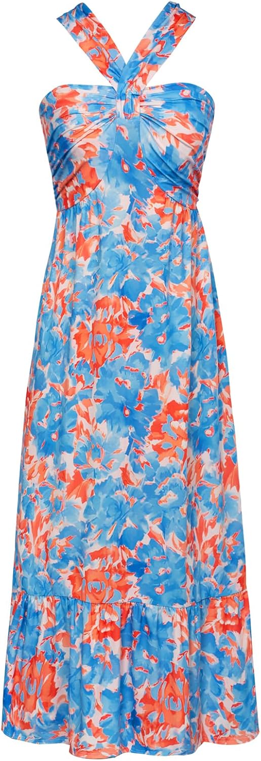 GRACE KARIN Womens Summer Floral Halter Boho Maxi Dresses | 2026 Flowy Criss Cross A Line Long Sundress Casual Tropical Vacation Beach Clothes Wedding Guest Dress With Pocket
