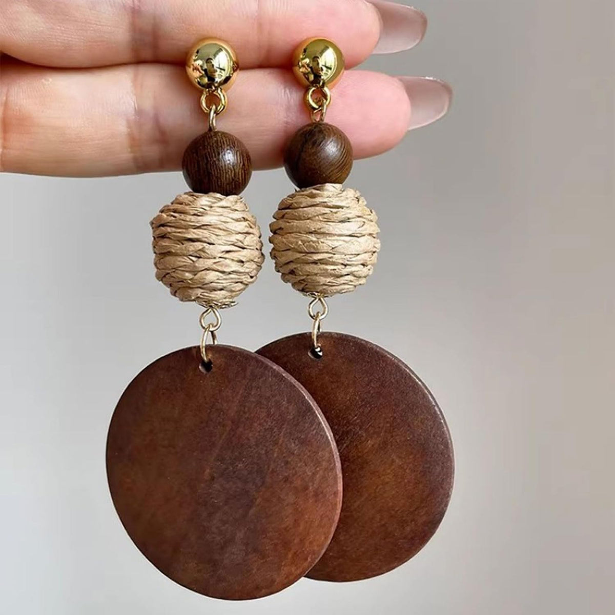 Brown Wooden Boho Dangle Earrings for Women, African Earrings | Lightweight Wooden Statement Earrings with Raffia Accents and African Boho Style for Summer Vacation and Everyday Wear