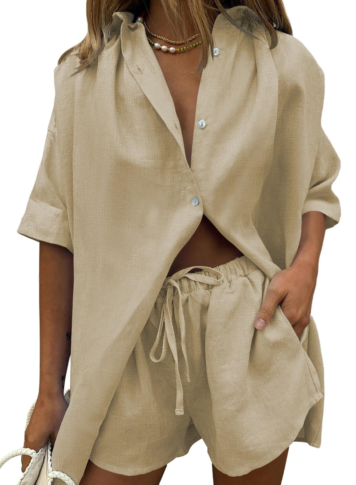 Fixmatti Women 2 Piece Outfits Long Sleeve Button Down Blouse and Shorts Sweatsuit Sets