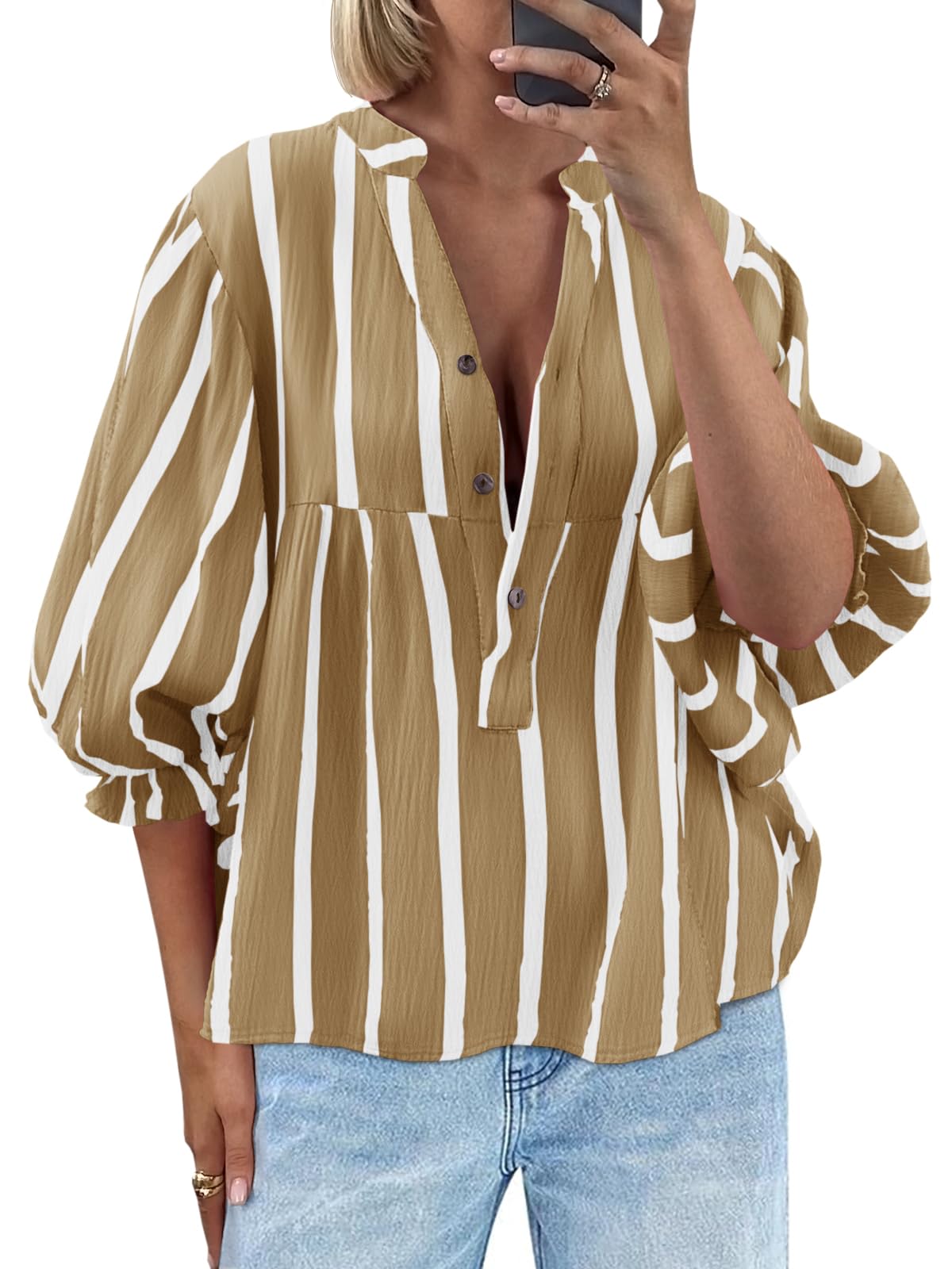 Tankaneo Womens Puff Sleeve Summer Babydoll Tops Cute V Neck Striped Blouse | Casual, Loose Fit, Flowy Shirts, Button, Boho, Work, Dressy, Peplum Blouses
