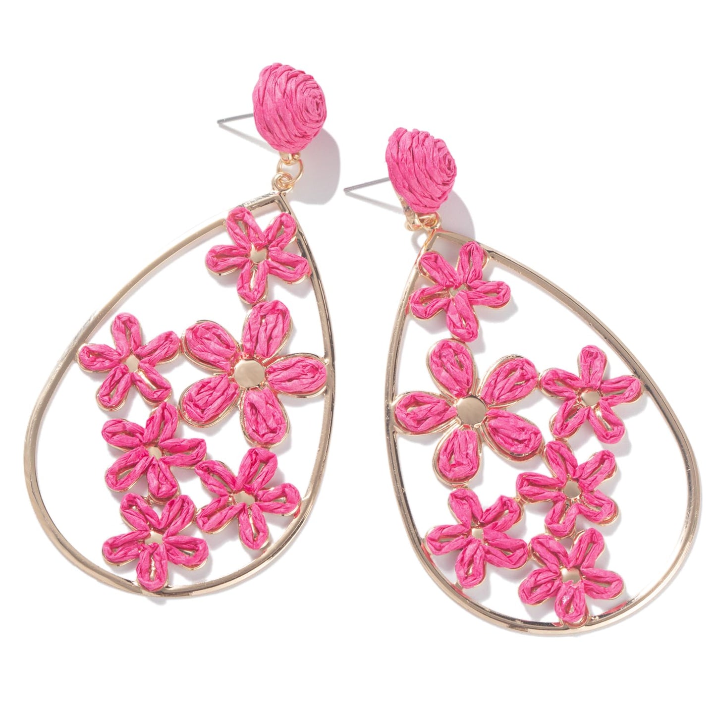 Boho Raffia Flower Teardrop Earrings Cute Colorful Dangle Trendy Jewelry | Floral Drop Statement Big Dangling Earring Hypoallergenic Gold Fun Unique Summer Spring Beach Vacation Outfits for Women