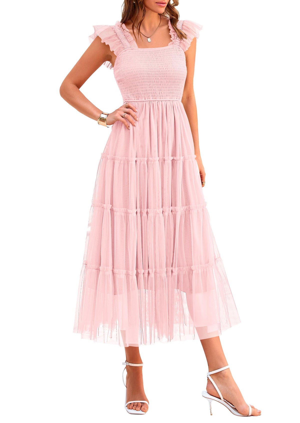 PRETTYGARDEN Women's Summer Smocked Midi Tulle Dress | Sleeveless Square Neck A Line, Flowy Tiered Mesh, Spring Semi Formal Wedding Guest Outfits, Homecoming Prom Party Dresses