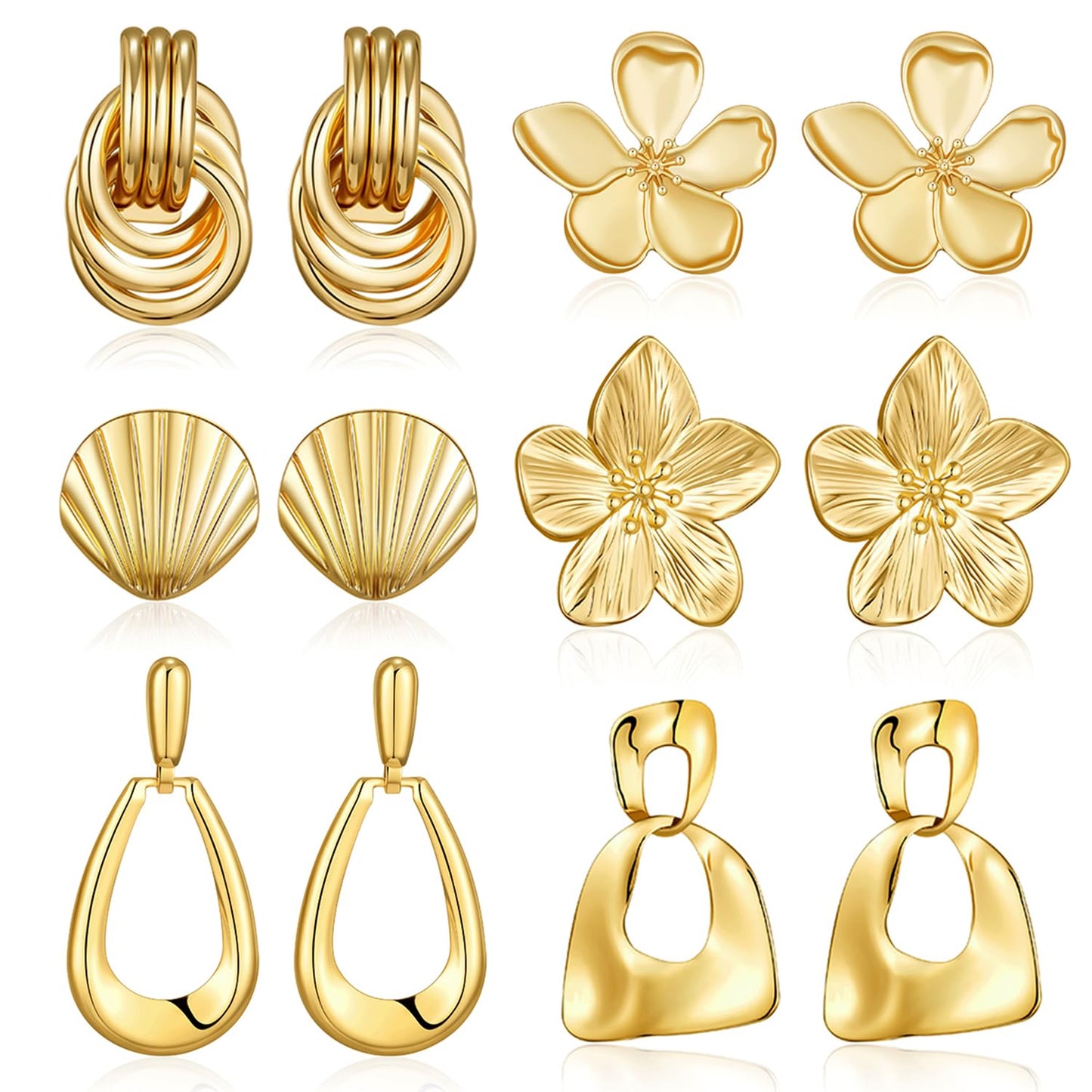 Chunky Gold Earrings For Women Trendy Statement Gold Plated Flower Shell Knot Dangle Earrings Lightweight Hypoallergenic Fashion Jewelry Set