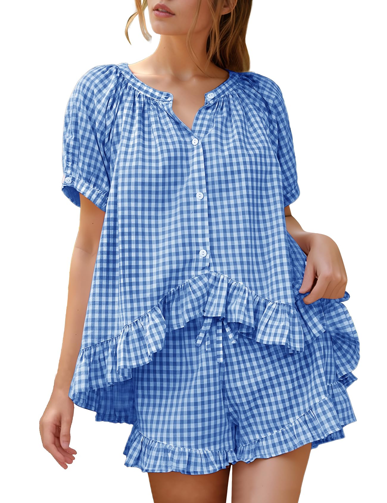 Flygo Cotton Pajamas for Women Gingham Set Lounge Sets | 100% Cotton, Plaid, Babydoll Top, Relaxed Fit, Puff Sleeve, Shorts, Pockets, Summer, Sleepwear, Vacation, Wedding, Parties