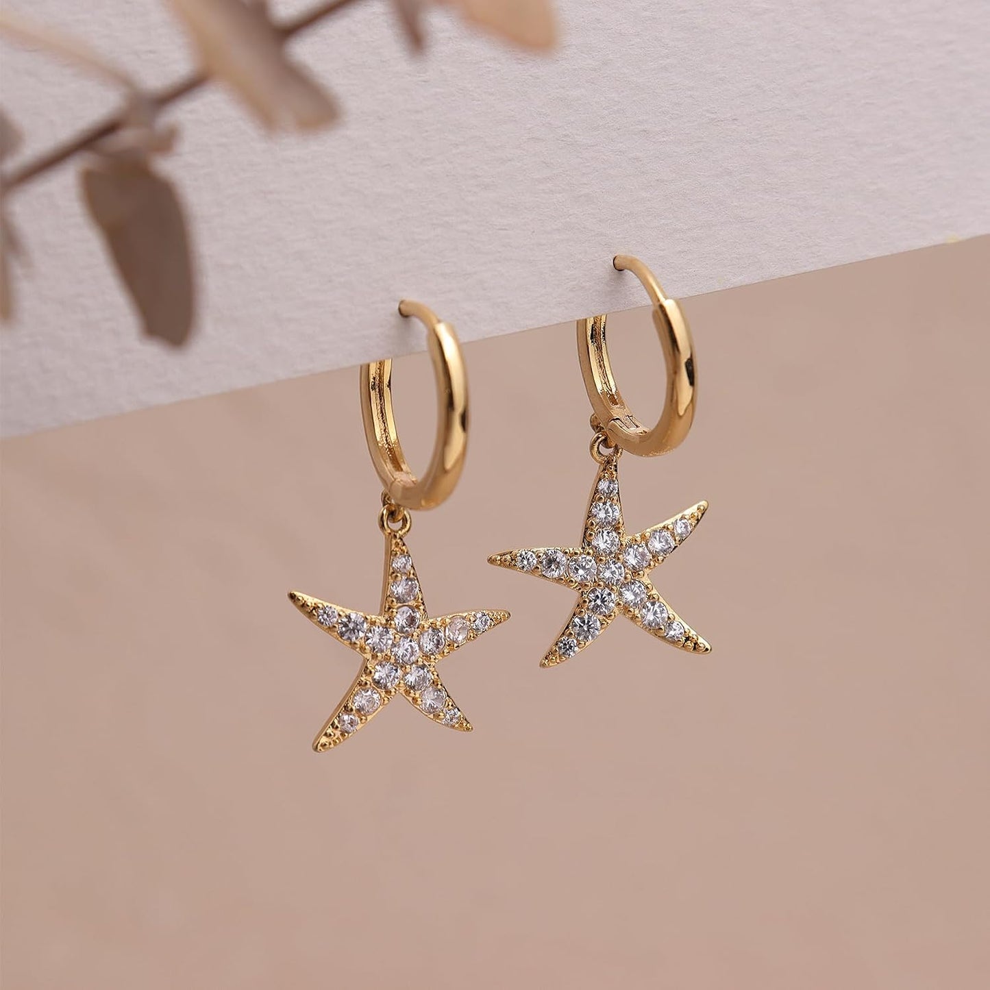 Jean Beau Gold Hoop Dangle Earrings for Women, Trendy Dainty Rhinestone CZ Christmas Tree Clover Starfish Drop Earrings Fashion Holiday Party Jewelry Gift