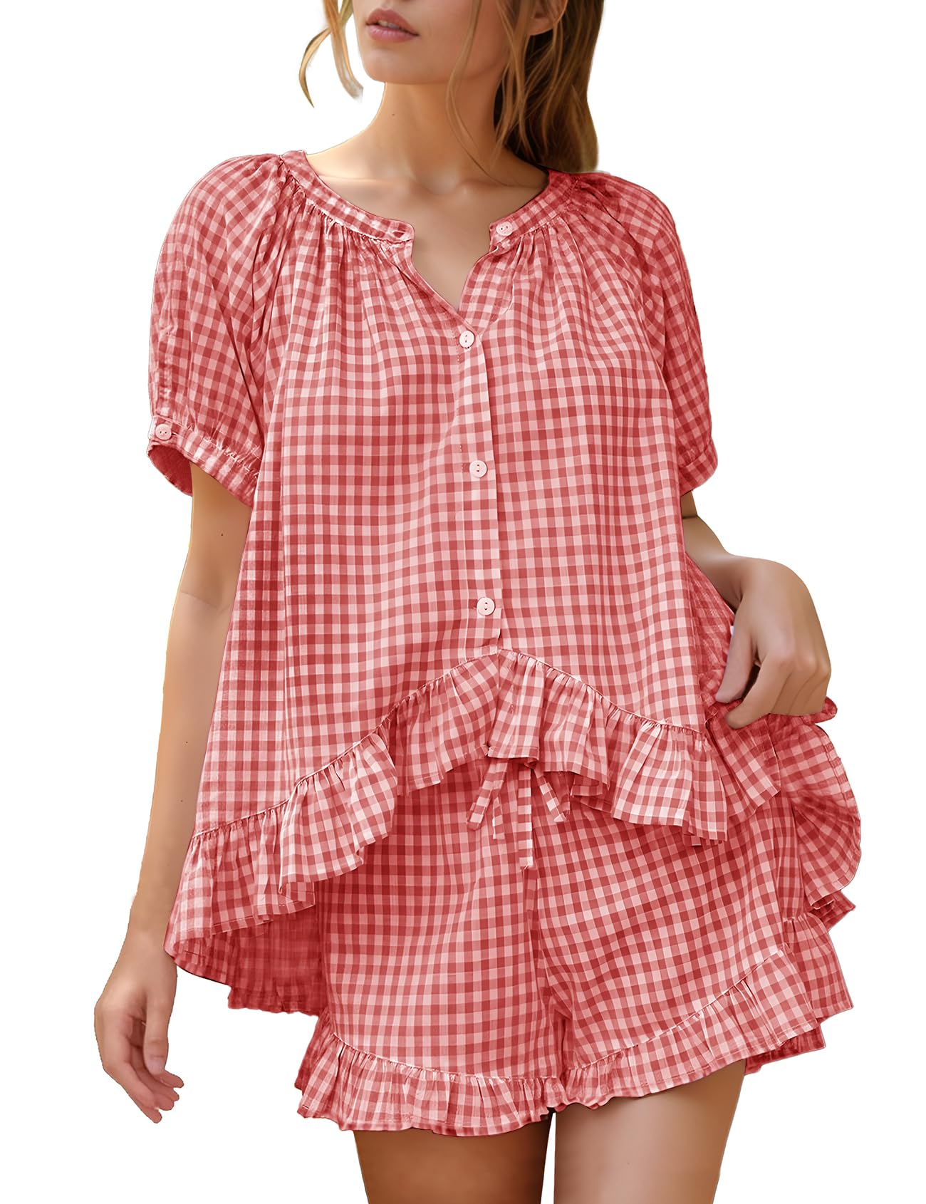 Flygo Cotton Pajamas for Women Gingham Set Lounge Sets | 100% Cotton, Plaid, Babydoll Top, Relaxed Fit, Puff Sleeve, Shorts, Pockets, Summer, Sleepwear, Vacation, Wedding, Parties