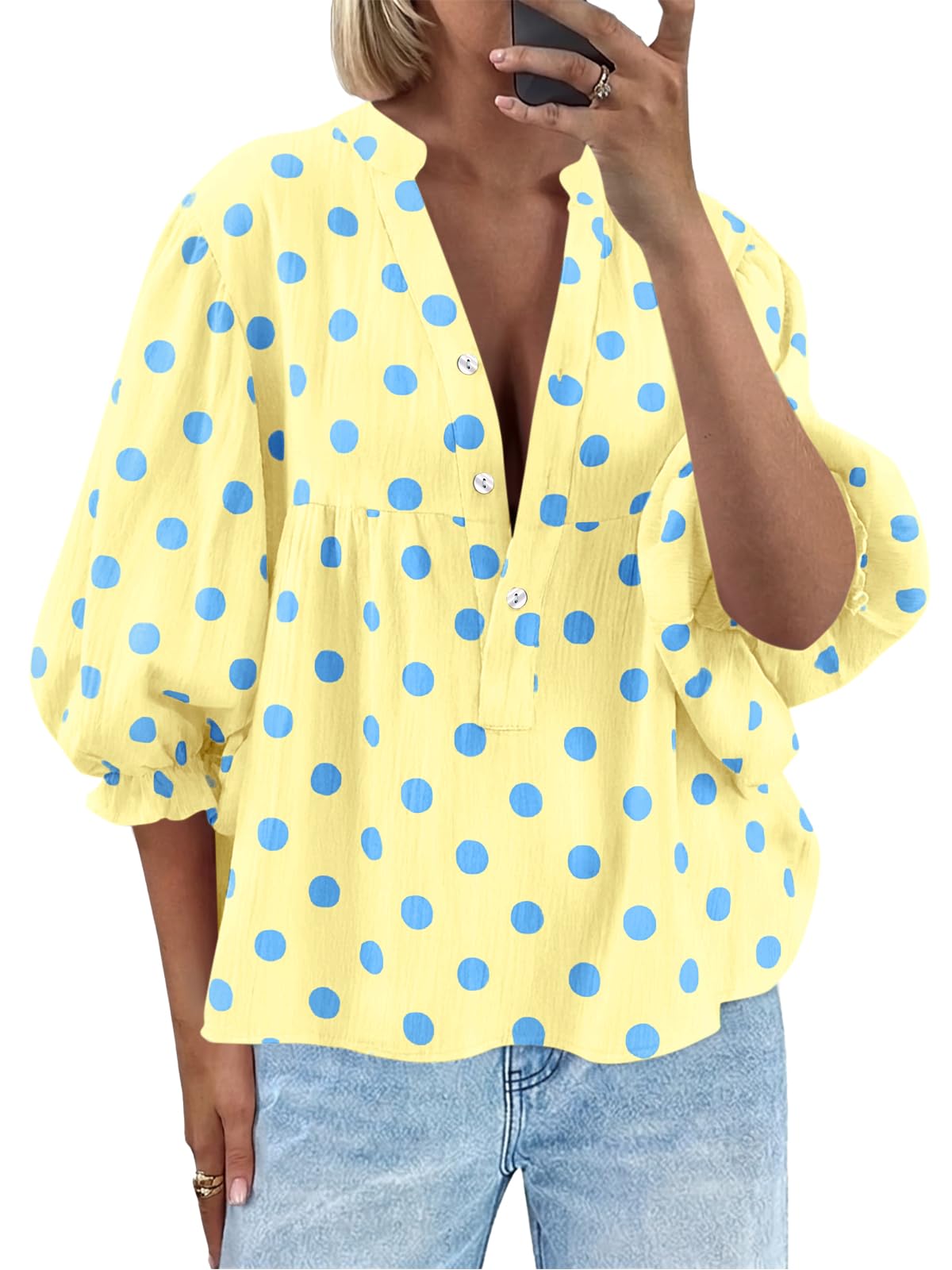 Tankaneo Womens Puff Sleeve Summer Babydoll Tops Cute V Neck Striped Blouse | Casual, Loose Fit, Flowy Shirts, Button, Boho, Work, Dressy, Peplum Blouses