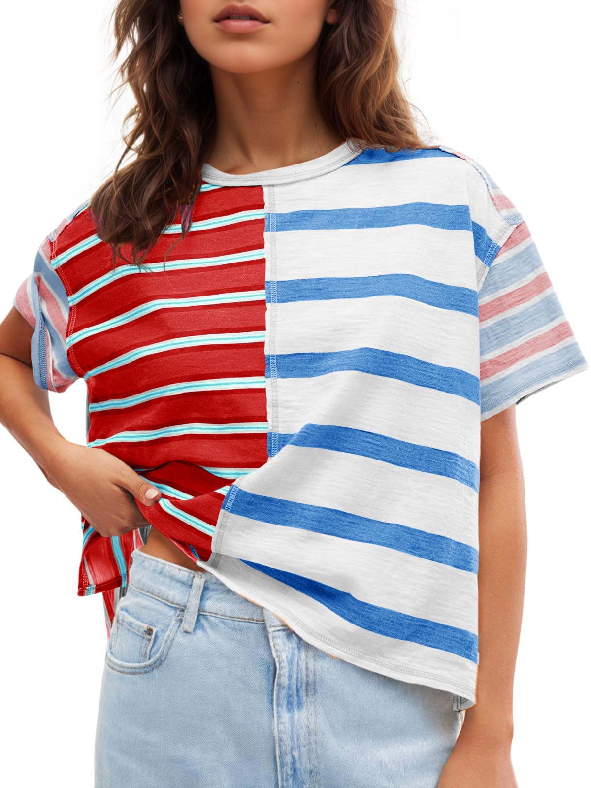 Tankaneo Womens Summer Striped Shirts Casual Color Block Short Sleeve Tops Loose Fit Crew Neck Tees