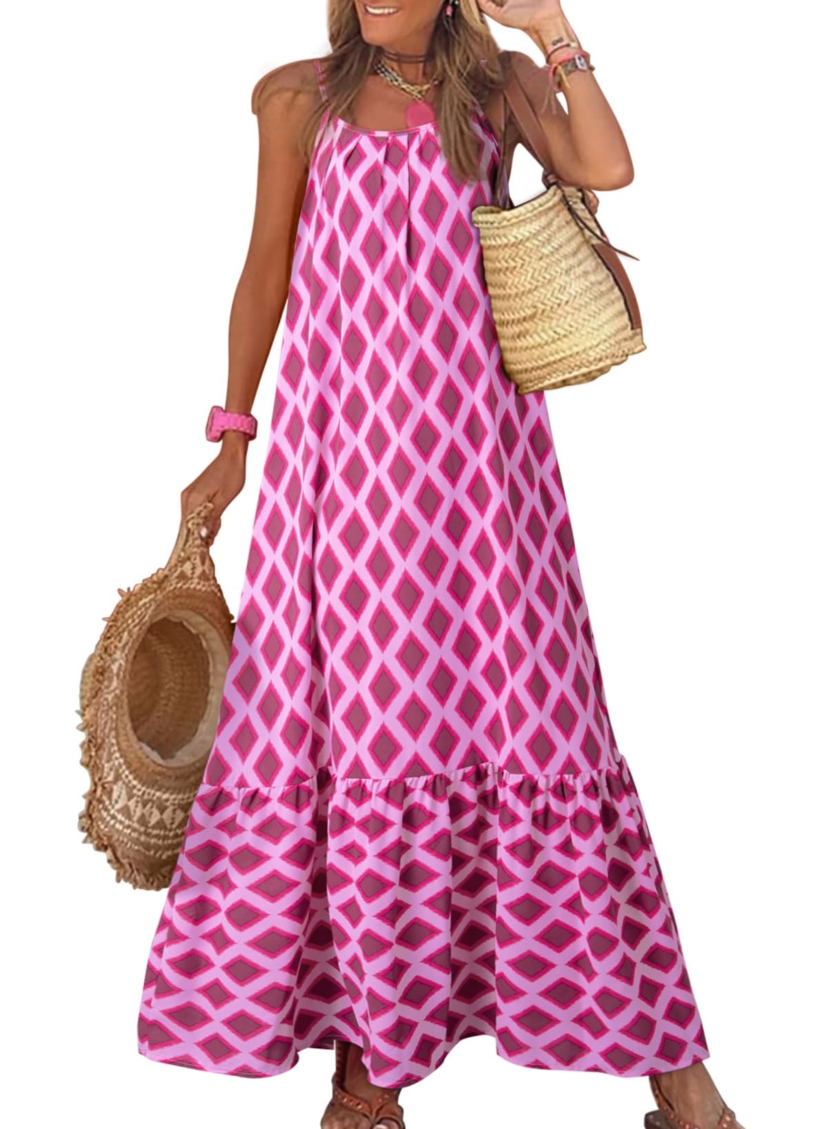 Dokotoo Women Summer Dresses Scoop Neck Ruffle Flowy Boho Maxi Dress | Spaghetti Strap Sundresses,Sleeveless,Beach Vacation Clothes,Ruffle A Line,Casual Boho Printed,Hawaiian Dresses,Wedding Guest