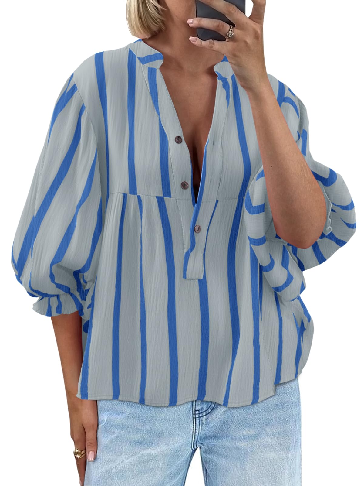 Tankaneo Womens Puff Sleeve Summer Babydoll Tops Cute V Neck Striped Blouse | Casual, Loose Fit, Flowy Shirts, Button, Boho, Work, Dressy, Peplum Blouses