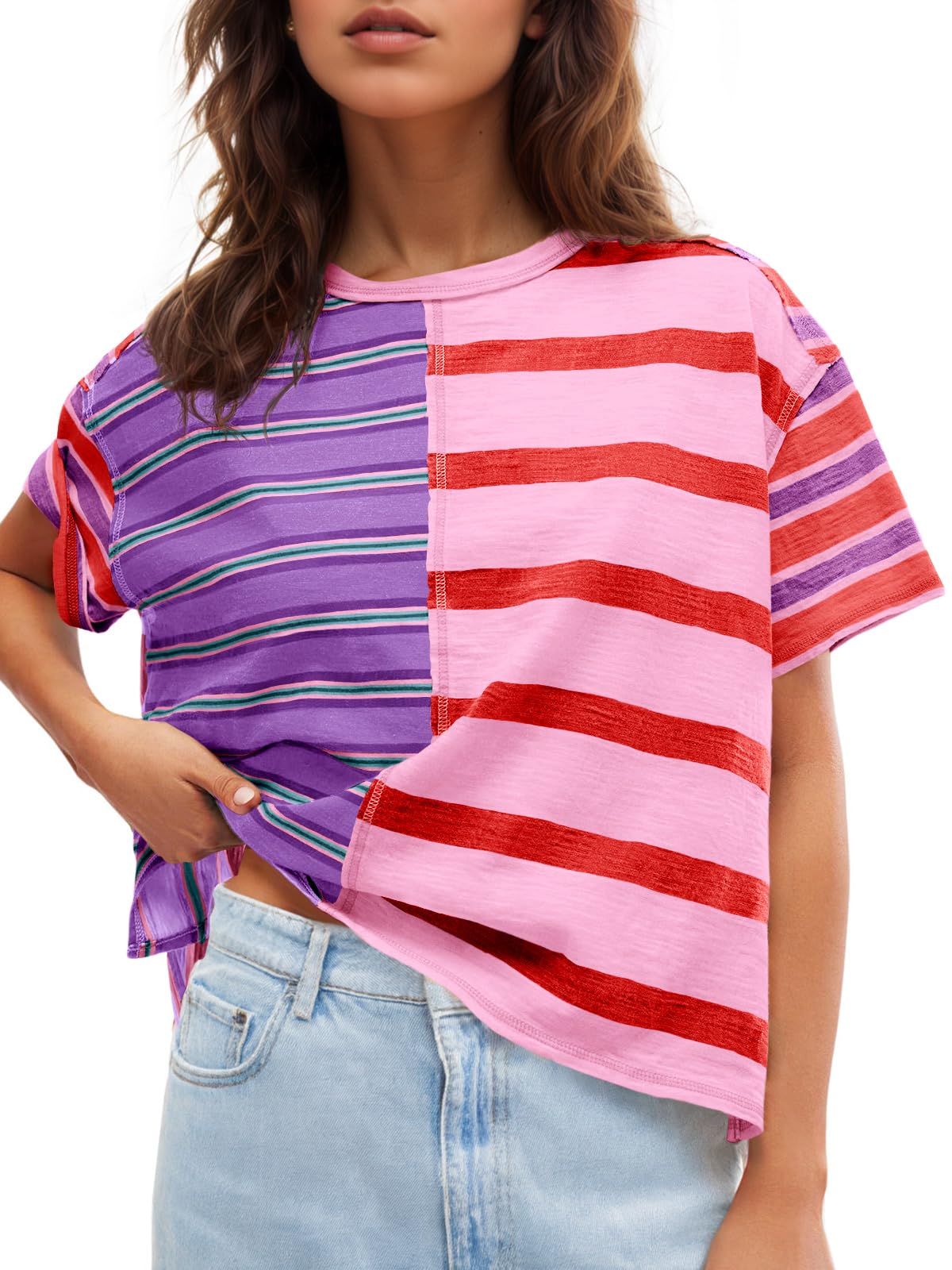 Tankaneo Womens Summer Striped Shirts Casual Color Block Short Sleeve Tops Loose Fit Crew Neck Tees