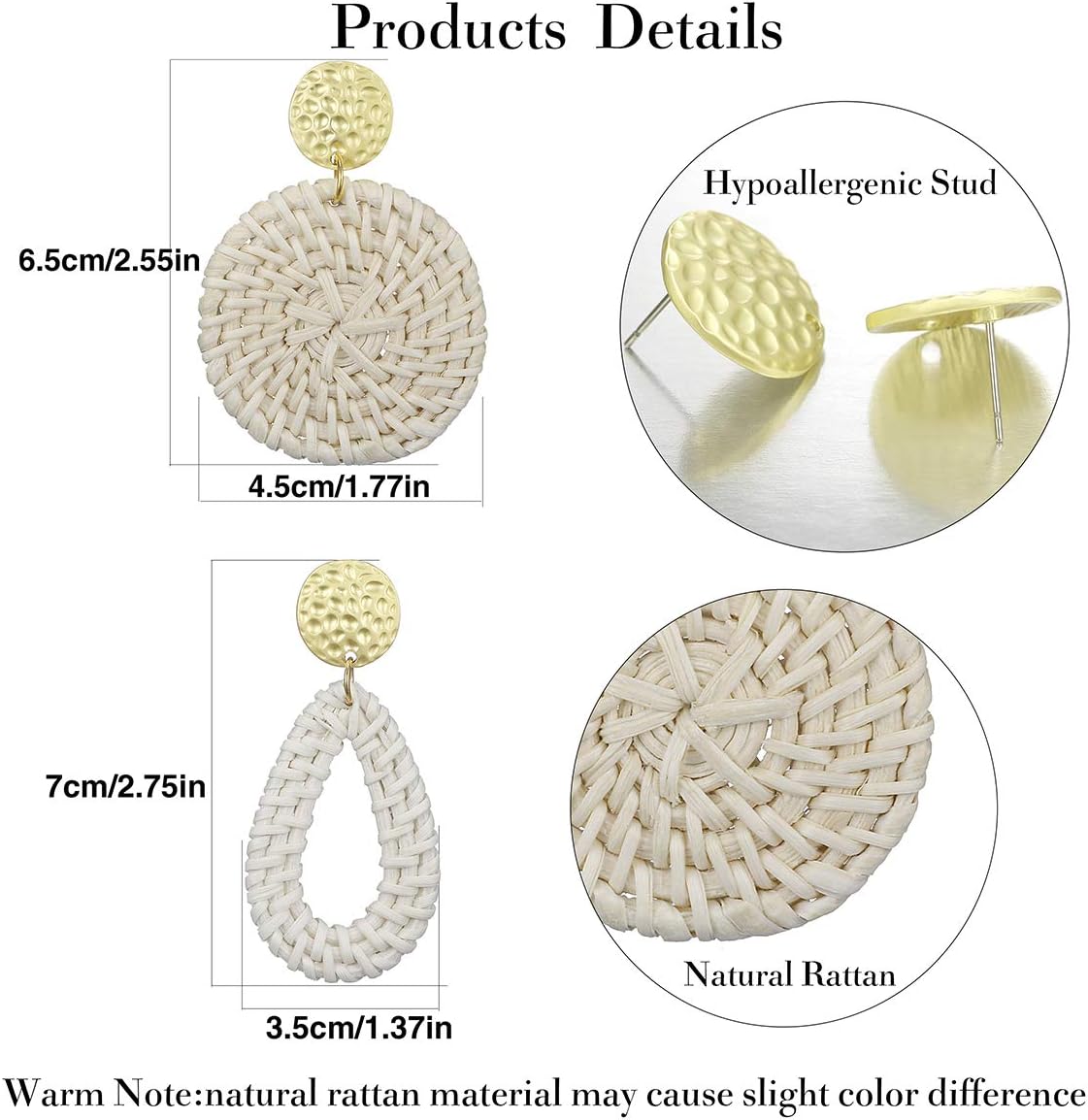 4Pairs Handmade Raffia Summer Beach Bohemian Earrings Statement Tropical Round Teardrop Rattan Dangle Earrings for Women