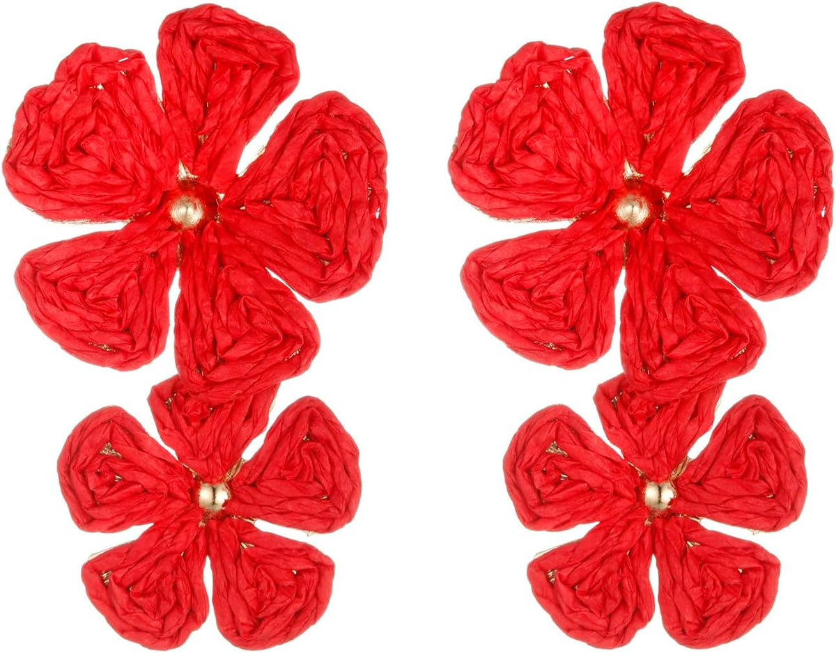 RUOFFETA Raffia Flower Earrings, Raffia Straw Wrapped Flower Drop Dangle Earrings Summer Tropical Beach Jewelry