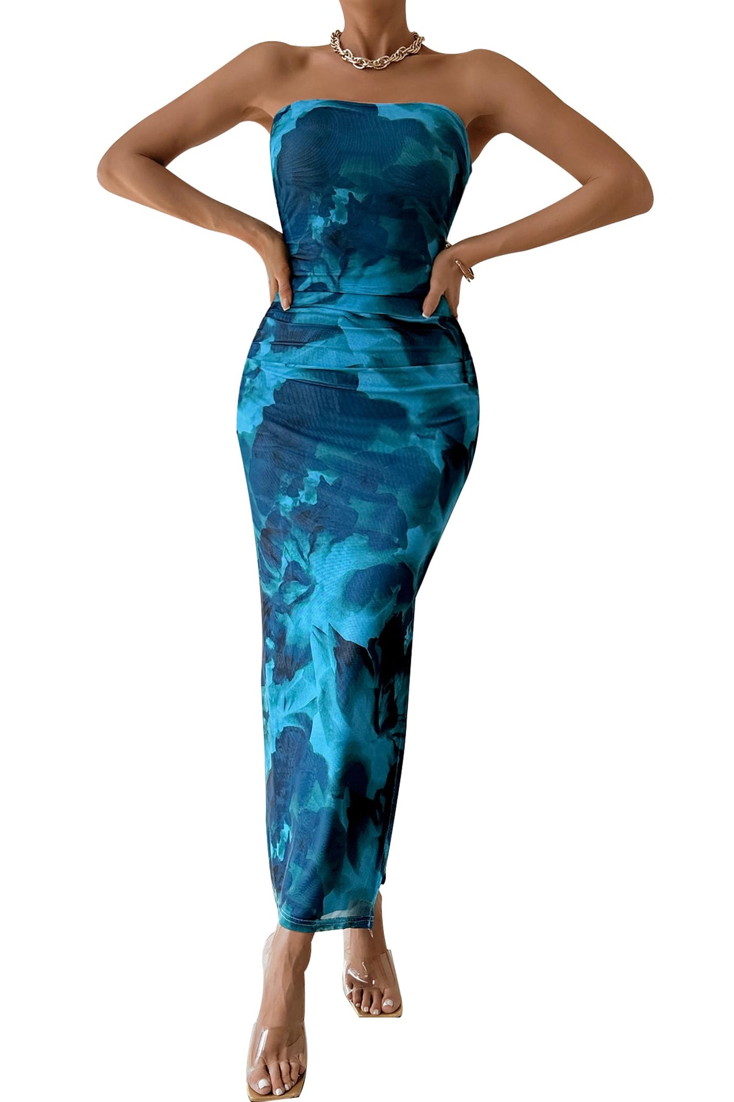PRETTYGARDEN Women's Strapless Bodycon Floral Maxi Dress | Stretchy Lined Mesh, Long Tube Dresses, Ruched Slit, Spring Summer Y2K Outfits for Wedding, Date Night Party, Beach Vacation