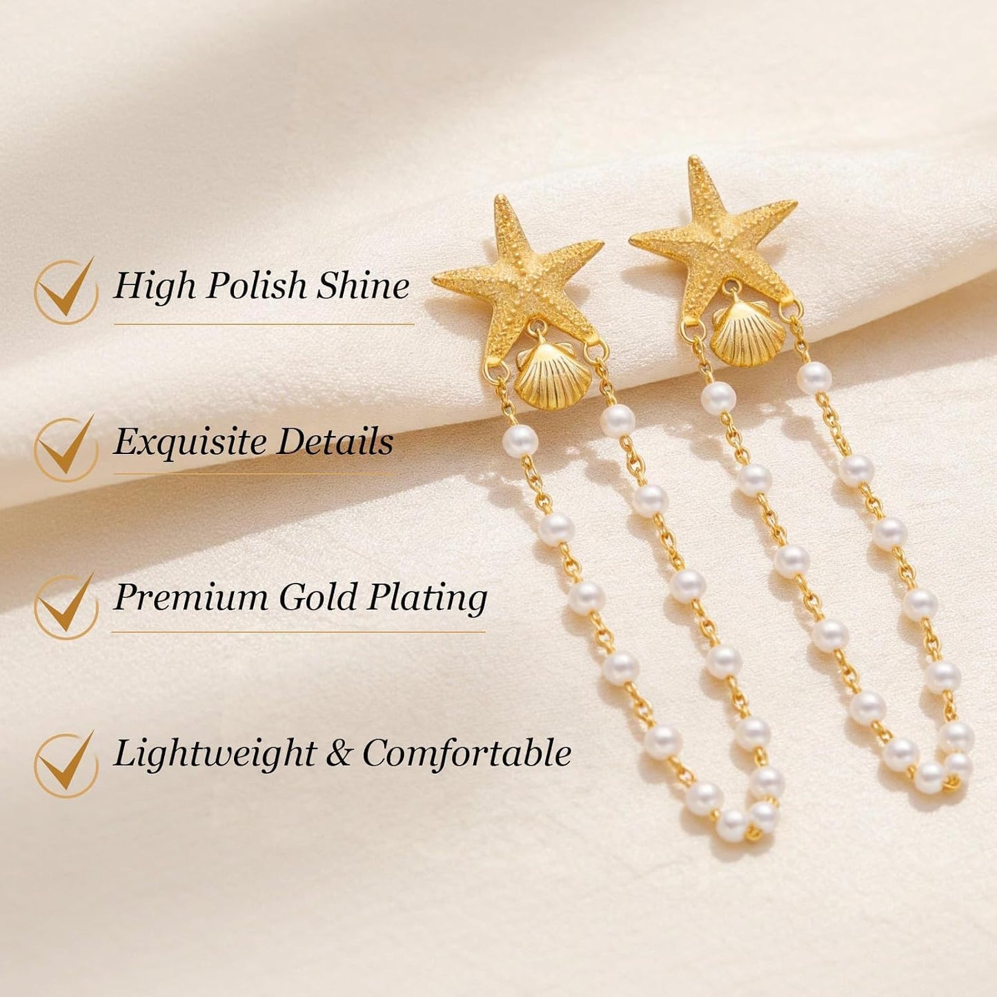 Starfish Shell Earrings for Women, Pearl Drop Beach Jewelry, Lightweight Ocean Dangle Accessories for Summer Vacation, Cruise Outfits, Tropical Resort Looks