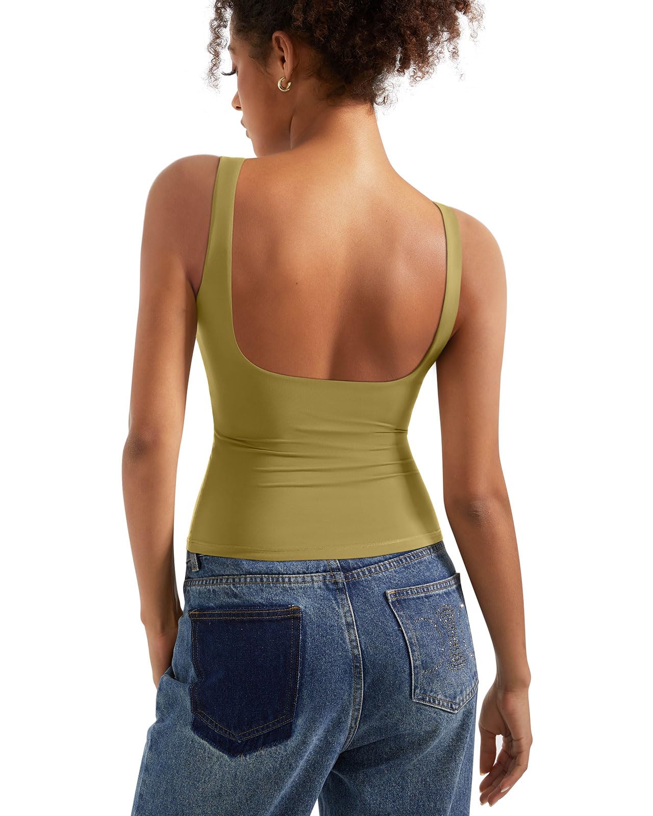 SUUKSESS Women Padded Open Back Boat Neck Tank Top Double Lined Basic Shirt | Backless Sleeveless Built in Bra Tops Slim Fitted Summer Going Out Top