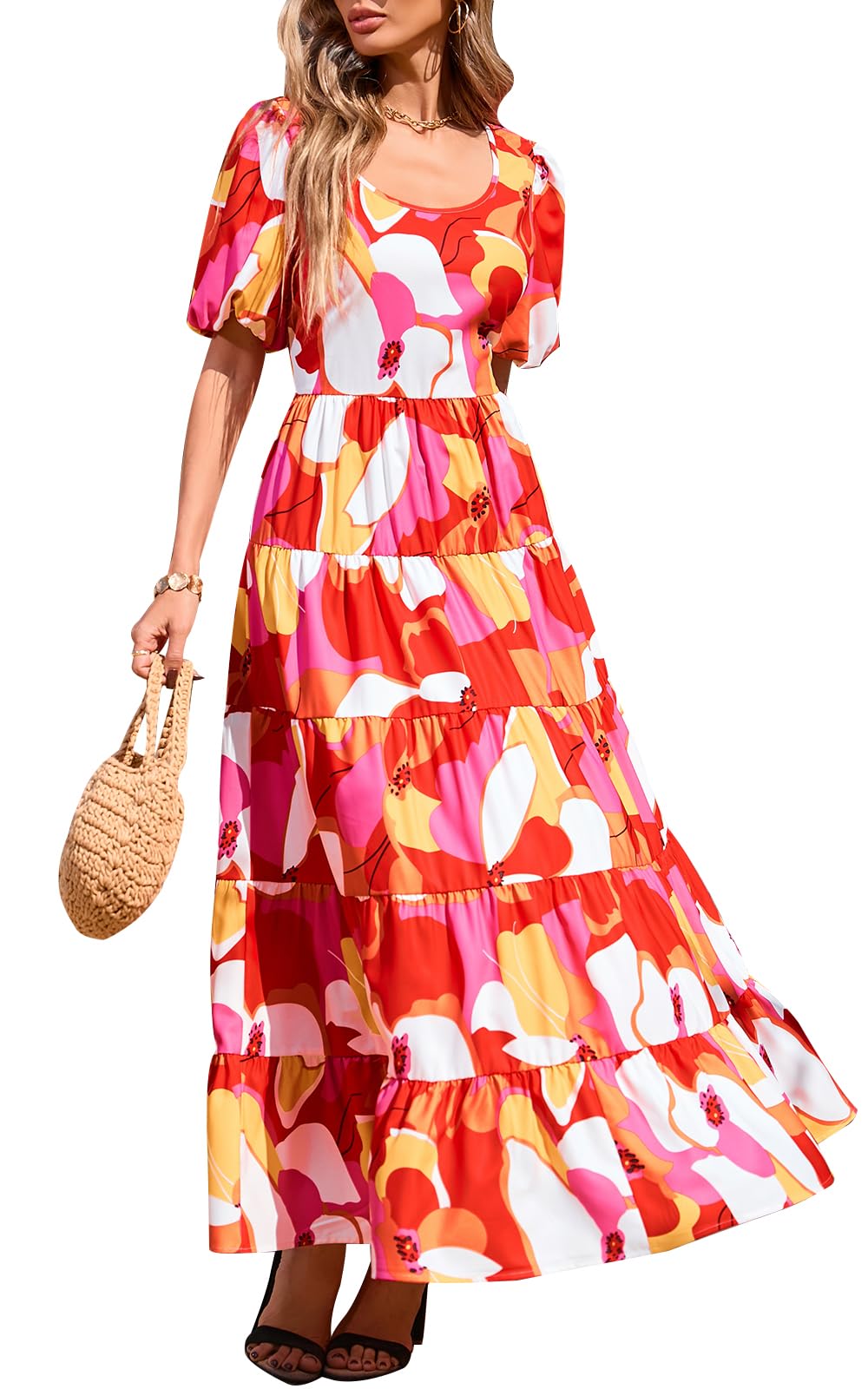 PRETTYGARDEN Puff Short Sleeve Cewneck Floral Long Fall Dresses for Women 2025 Flowy Tiered Hem Maxi Wedding Guest Dress
