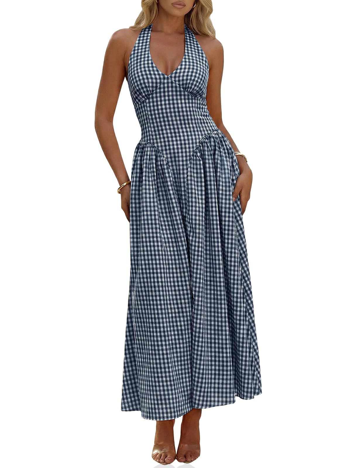 Wenrine Womens Halter V Neck Corset Maxi Dresses Summer Plaid Smocked Dress | Tie Back, Backless, Wedding Guest, Drop Waist, Sleeveless, Gingham, Pleated, Long dress with Pockets