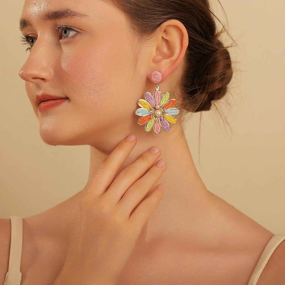 RUOFFETA Boho Raffia Flower Earrings for Women – Lightweight Dangle Jewelry, Summer Beach Vacation Accessories