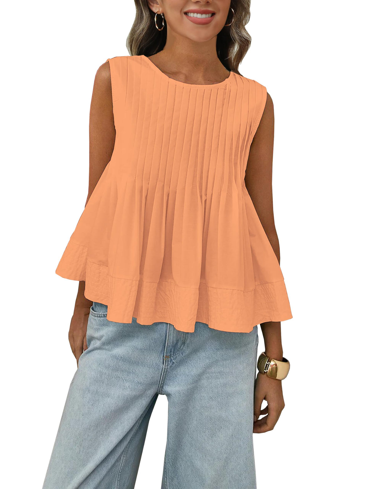 Megfie Womens Summer Pleated Peplum Sleeveless Blouse Tank Tops Round Neck Y2K Babydoll Blouse Shirt