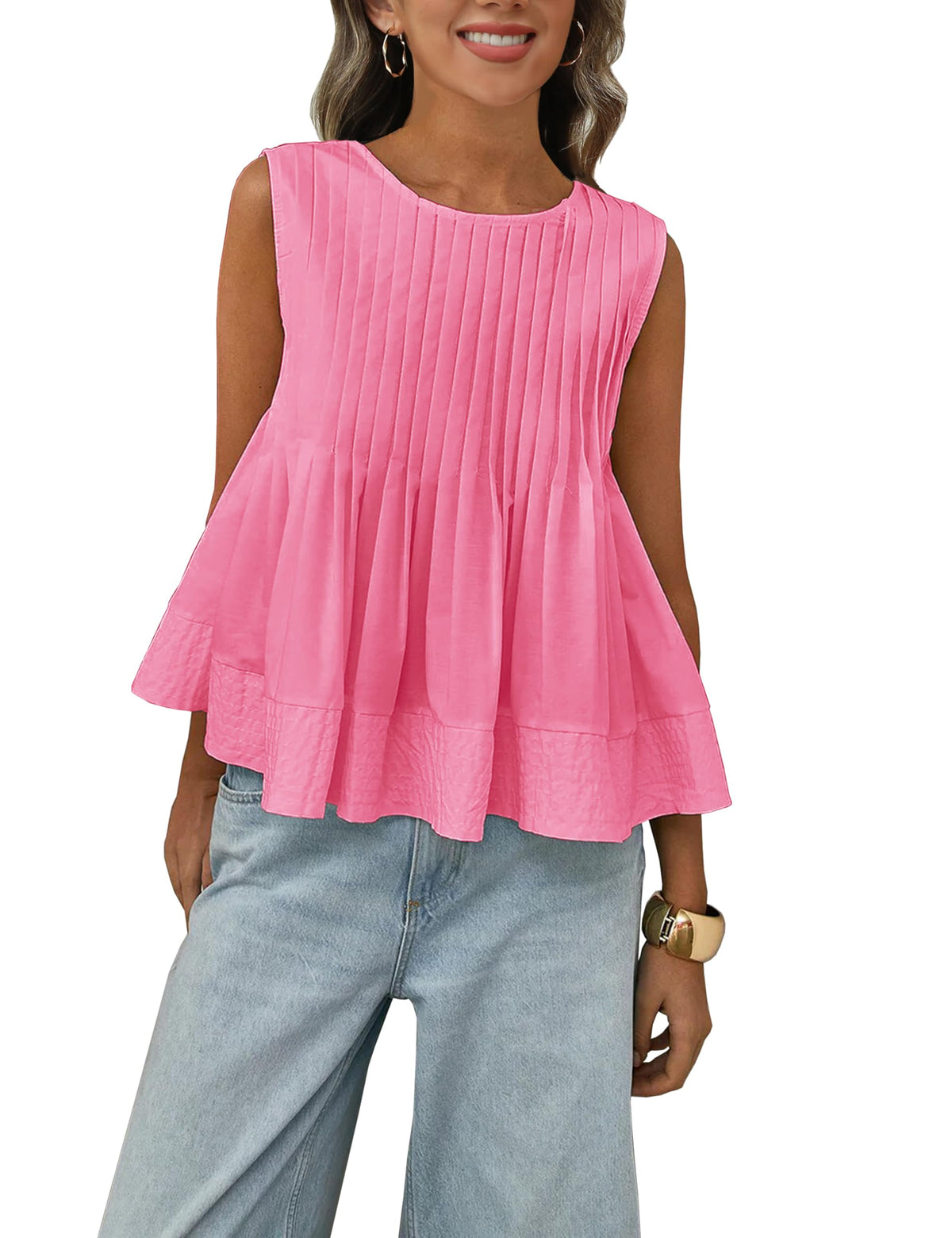 Megfie Womens Summer Pleated Peplum Sleeveless Blouse Tank Tops Round Neck Y2K Babydoll Blouse Shirt