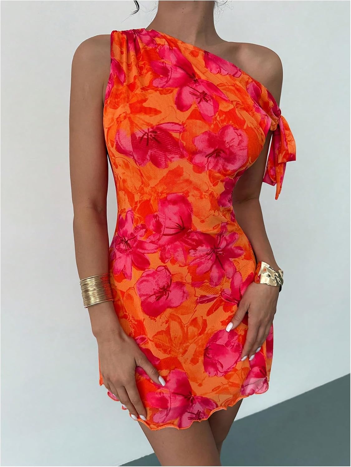 GORGLITTER Women's One Shoulder Wedding Guest Cocktail Mini Dresses | Orange Vacation Beach Sunset Dress, Floral Short Dress, Brunch Outfits, Asymmetrical Dresses