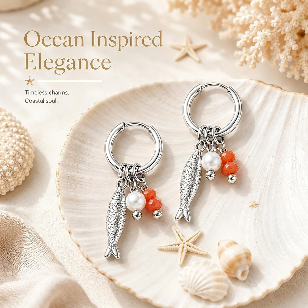 Beach Fish Earrings for Women Gold Fish Pearl Beads Drop Earring Boho Ocean Waterproof Earring Summer Fashion Jewelry Accessories Gifts