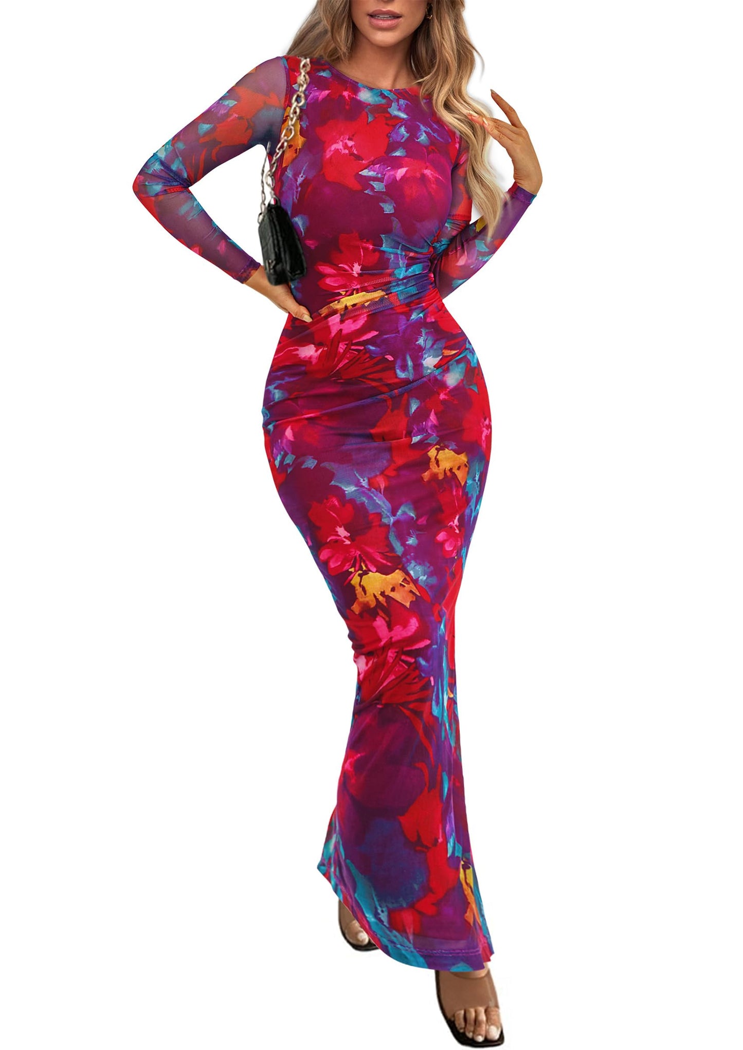 PRETTYGARDEN Women's Floral Bodycon Maxi Fall Dress | Sheer Mesh, Boho Tie Dye, Long Sleeve Fitted, Ruched Waist, Wedding Guest, Cocktail Party Holiday, Elegant Spring Outfits