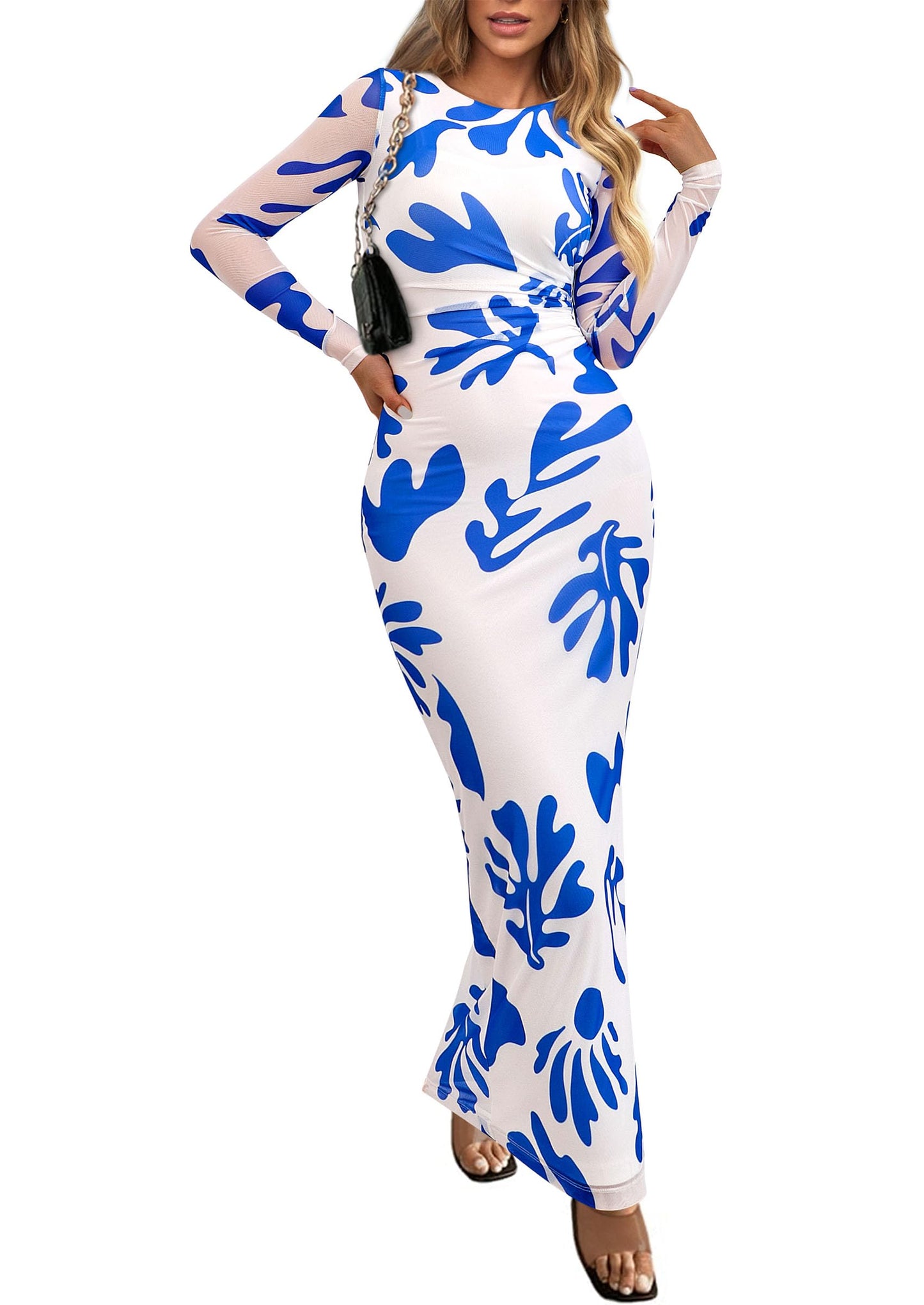 PRETTYGARDEN Women's Floral Bodycon Maxi Fall Dress | Sheer Mesh, Boho Tie Dye, Long Sleeve Fitted, Ruched Waist, Wedding Guest, Cocktail Party Holiday, Elegant Spring Outfits