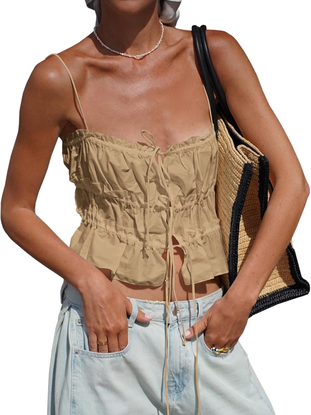 Tankaneo Womens Summer Tie Front Crop Tops Cute Spaghetti Strap Tank Top | Camis,Sleeveless Tops,Ruffle Ruched, Y2K,Going Out,Pleated Shirts