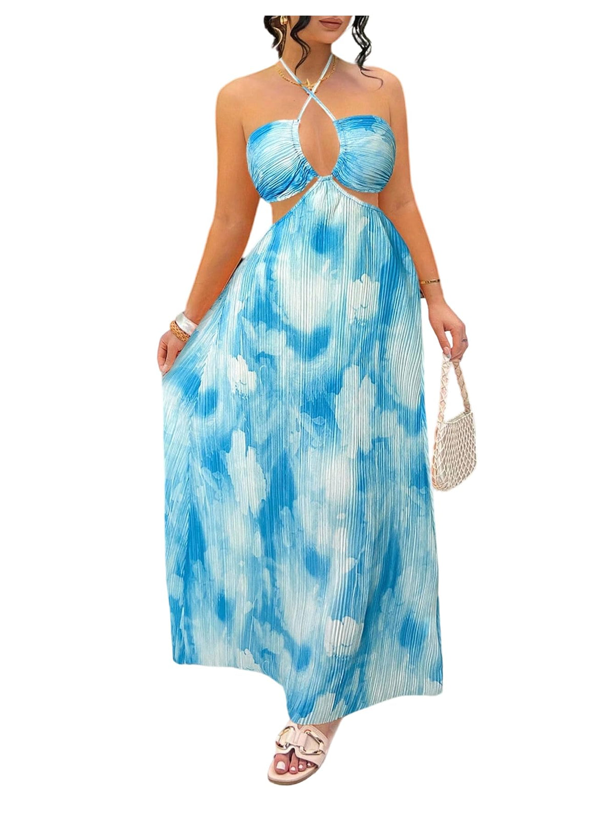 OYOANGLE Women's Summer Halter Long Maxi Dress Sundress | Tie Dye,Pleated ,Vacation Dress,Sleeveless ,Criss Cross Backless,Beach Dress for Women