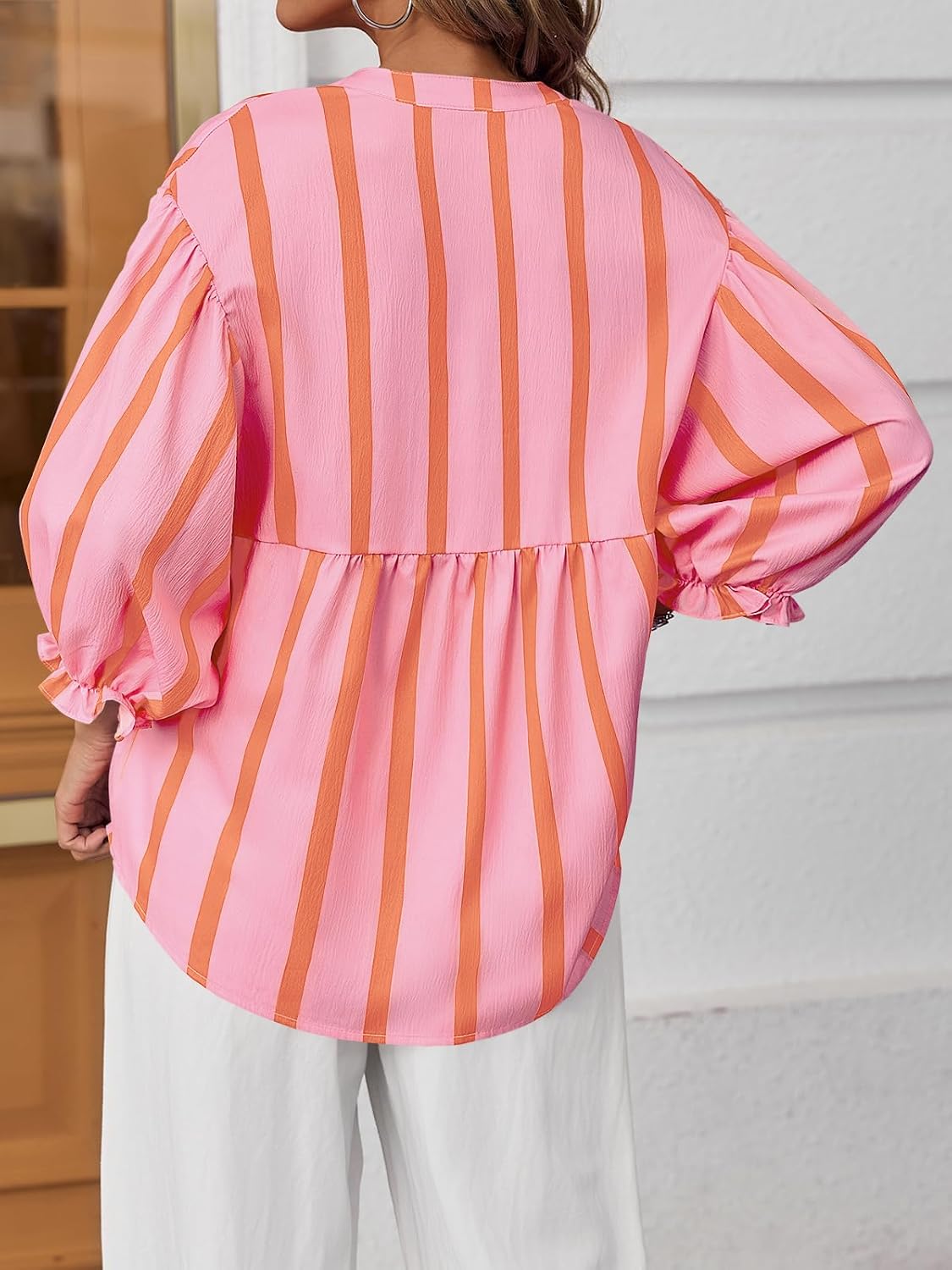 Tankaneo Womens Puff Sleeve Summer Babydoll Tops Cute V Neck Striped Blouse | Casual, Loose Fit, Flowy Shirts, Button, Boho, Work, Dressy, Peplum Blouses