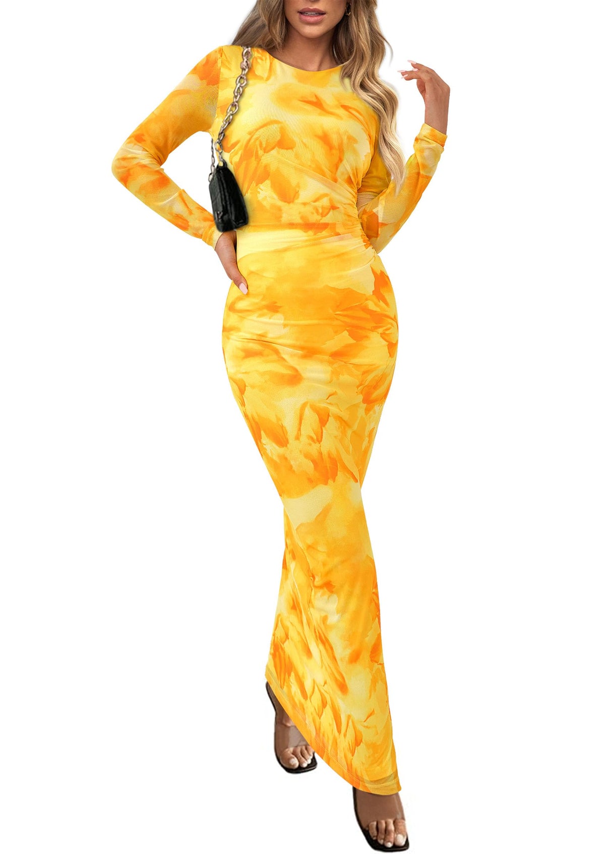 PRETTYGARDEN Women's Floral Bodycon Maxi Fall Dress | Sheer Mesh, Boho Tie Dye, Long Sleeve Fitted, Ruched Waist, Wedding Guest, Cocktail Party Holiday, Elegant Spring Outfits
