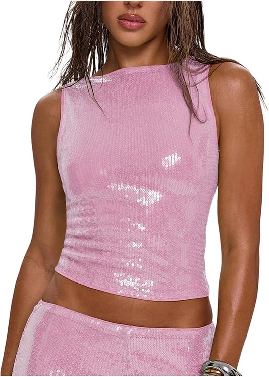 MakeMeChic Women's Sparkly Sequin Tank Tops Going Out Rave Tops | Crop, Y2k, Sleeveless, Music Festival, Clubbing, Country Concert Outfits