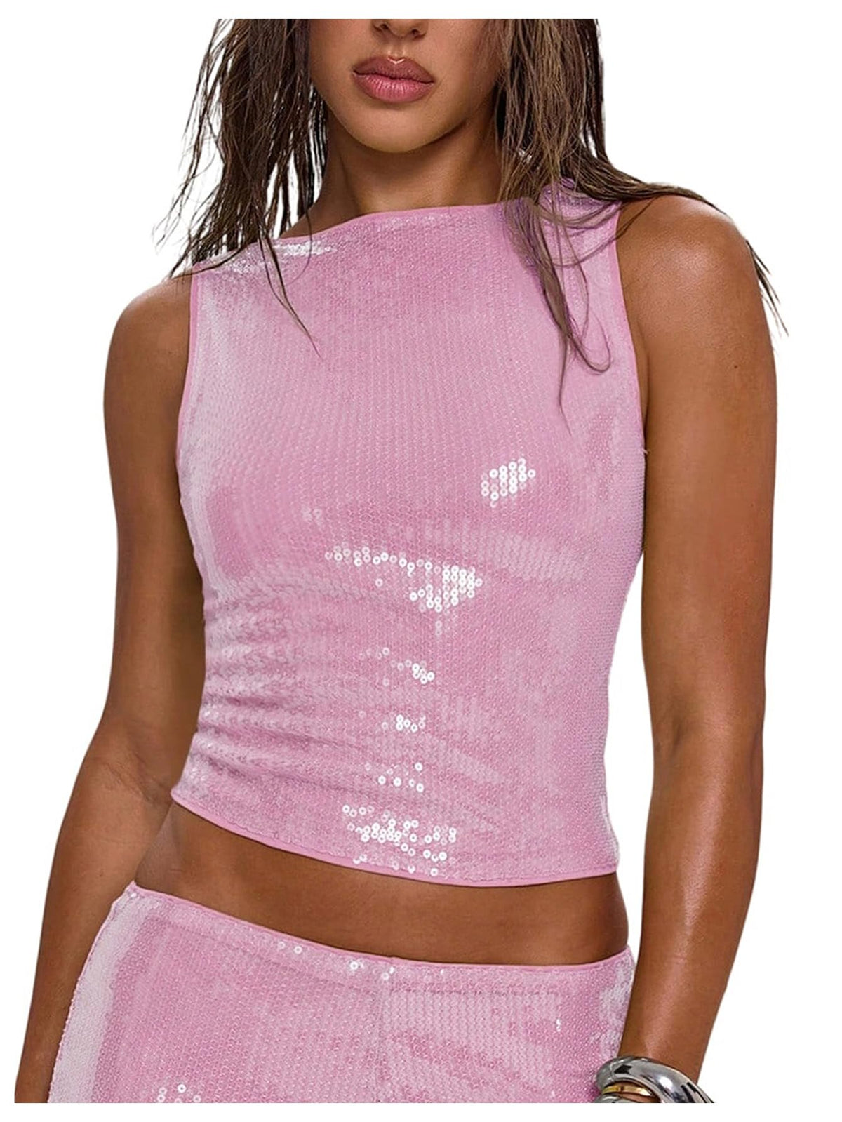 MakeMeChic Women's Sparkly Sequin Tank Tops Going Out Rave Tops | Crop, Y2k, Sleeveless, Music Festival, Clubbing, Country Concert Outfits
