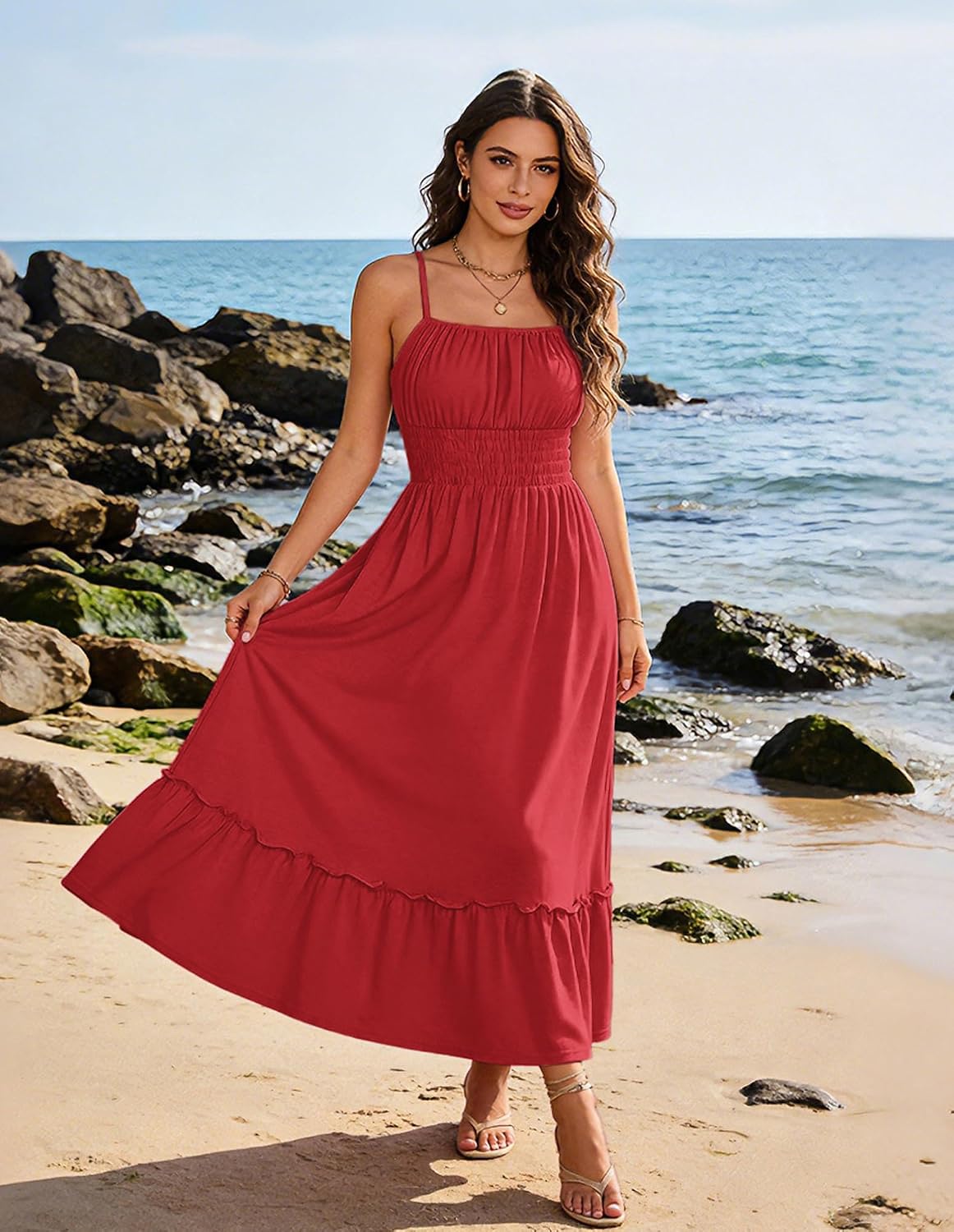 GRACE KARIN Women's Summer Maxi Dresses 2026 Beach Vacation Dress | Casual, Smocked Waist, Spaghetti Strap, Sleeveless, Boho Sundress With Pockets, Trendy Fashion Outfits
