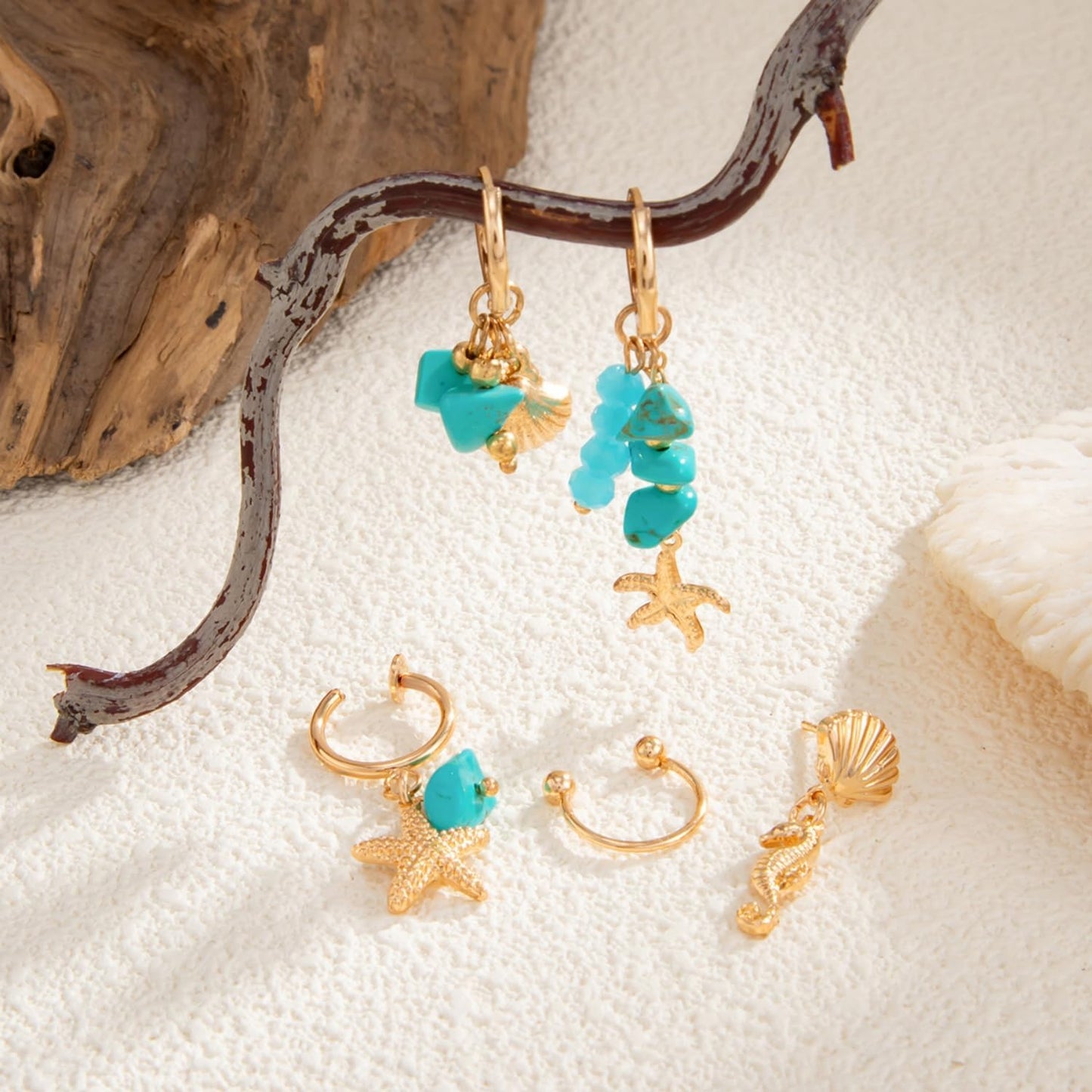 Beach Vacation Starfish Shell Dangle Earrings,Ocean Style Earring Set for Women Vintage Turquoise Earring Sea Turtle Shell Studs Pearl Tassel Clip-On Earrings Summer Jewelry