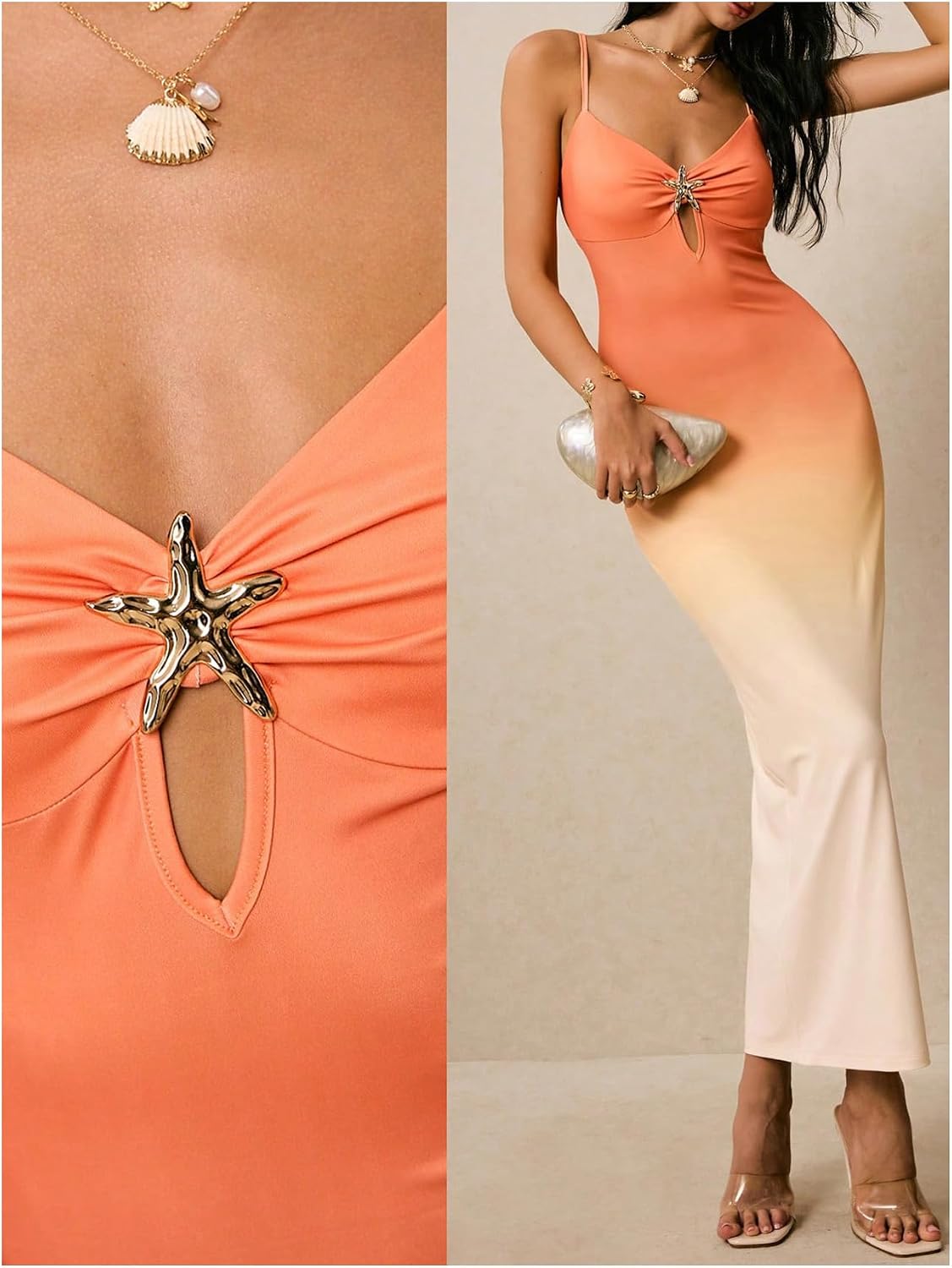 GORGLITTER Women's Starfish Gradient Bodycon Maxi Dress Spaghetti Straps Casual Summer Vacation Beach Cocktail Sundress