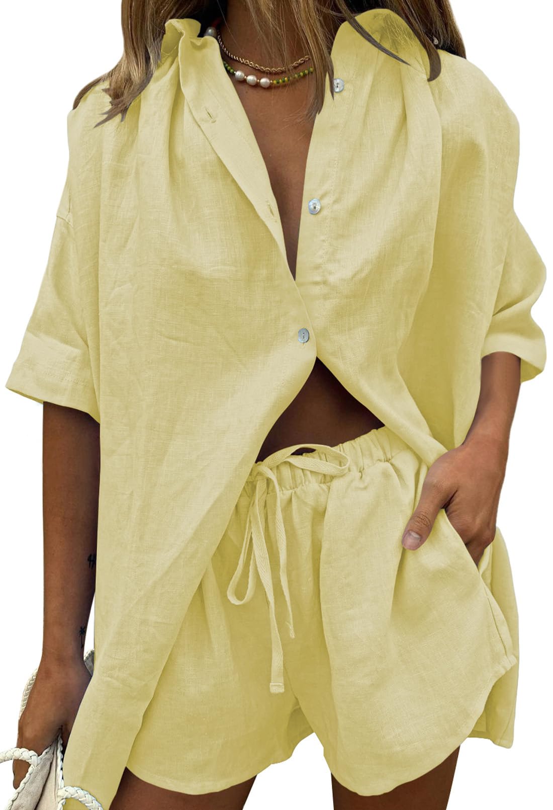 Fixmatti Women 2 Piece Outfits Long Sleeve Button Down Blouse and Shorts Sweatsuit Sets